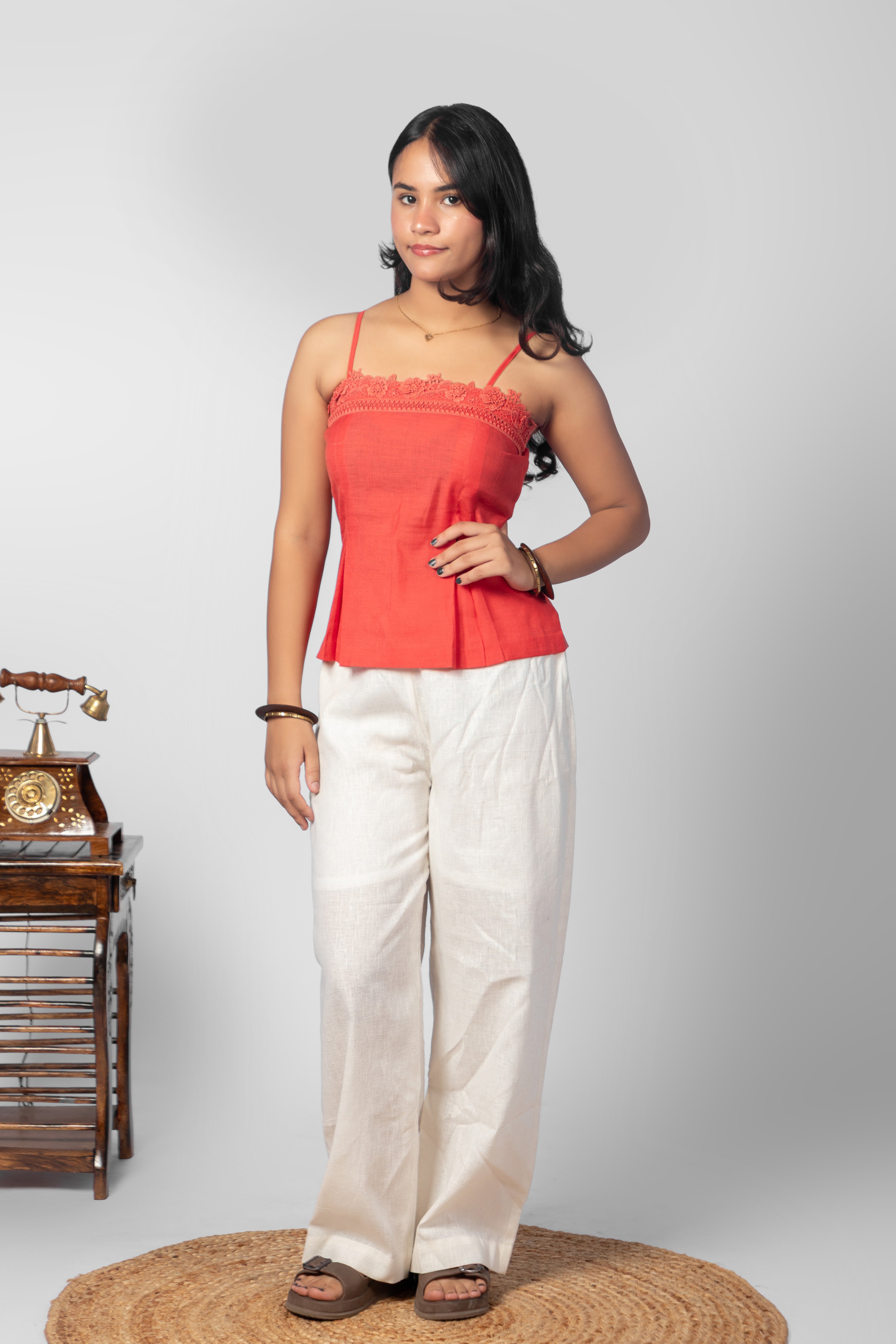 Coral Pink Lace-Trimmed Cami Set