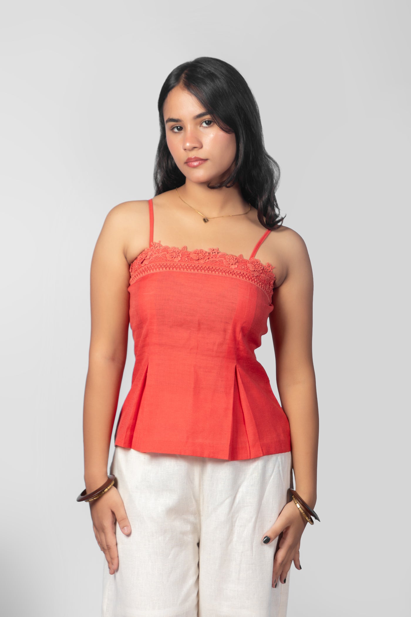 Coral Pink Lace-Trimmed Cami Set