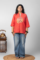 Coral Red Printed Mandarin Collar Kurta