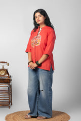 Coral Red Printed Mandarin Collar Kurta