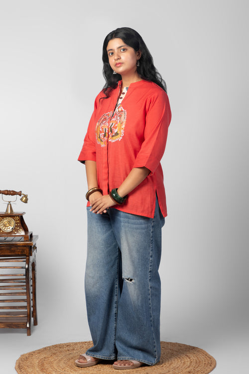 Coral Red Printed Mandarin Collar Kurta