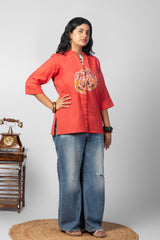 Coral Red Printed Mandarin Collar Kurta