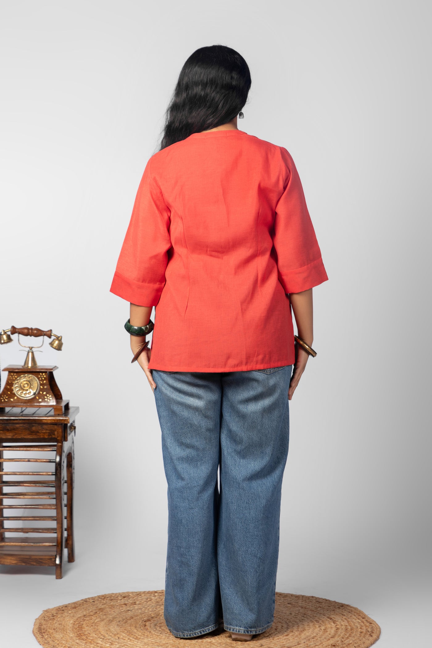 Coral Red Printed Mandarin Collar Kurta