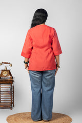 Coral Red Printed Mandarin Collar Kurta