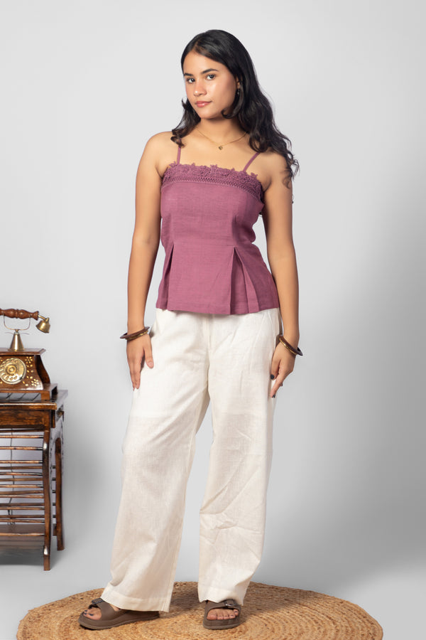 Mauve Lace-Trimmed Spaghetti Strap Top