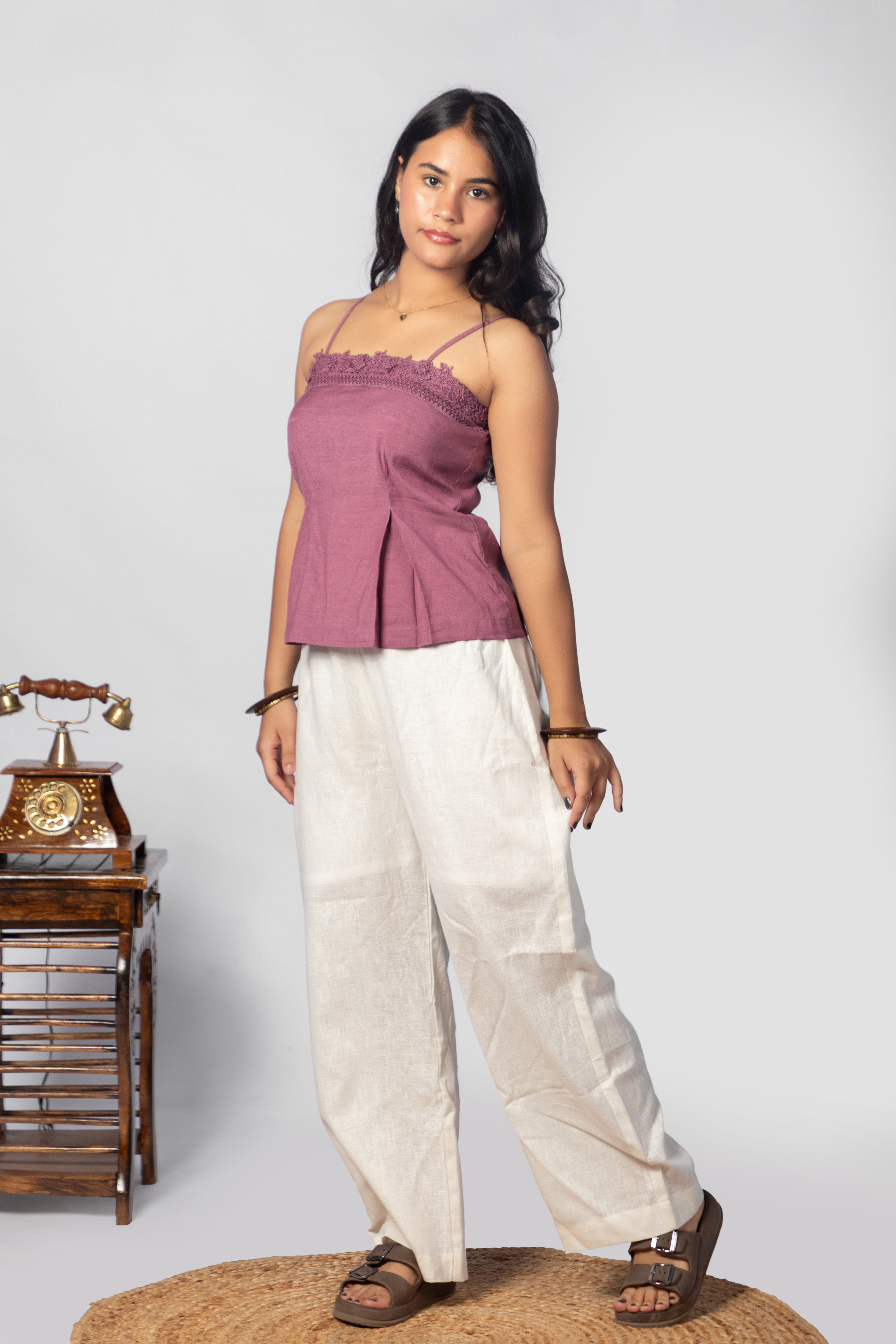 Mauve Lace-Trimmed Spaghetti Strap Top