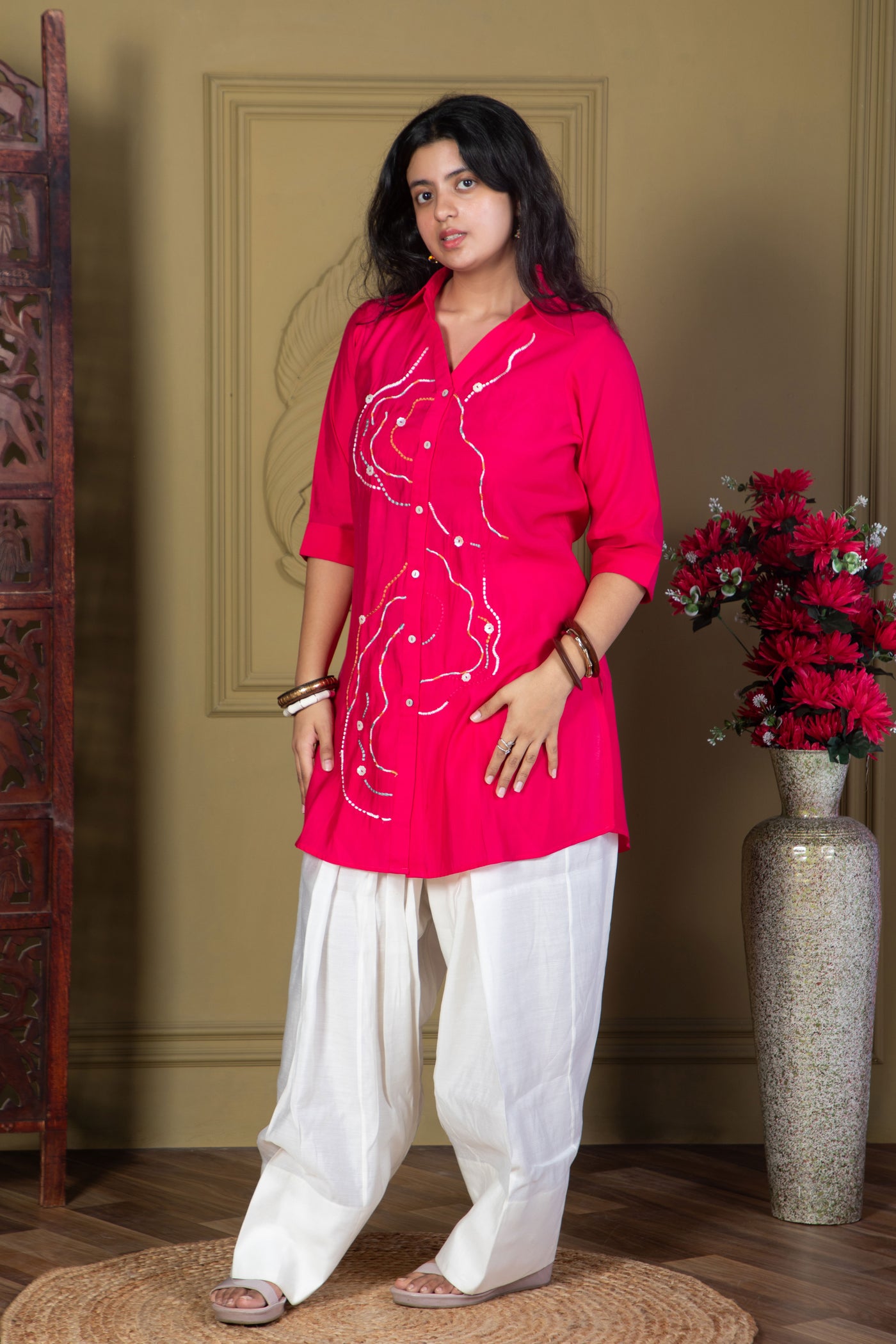Fuchsia Embroidered Shirt with Farshi Salwar
