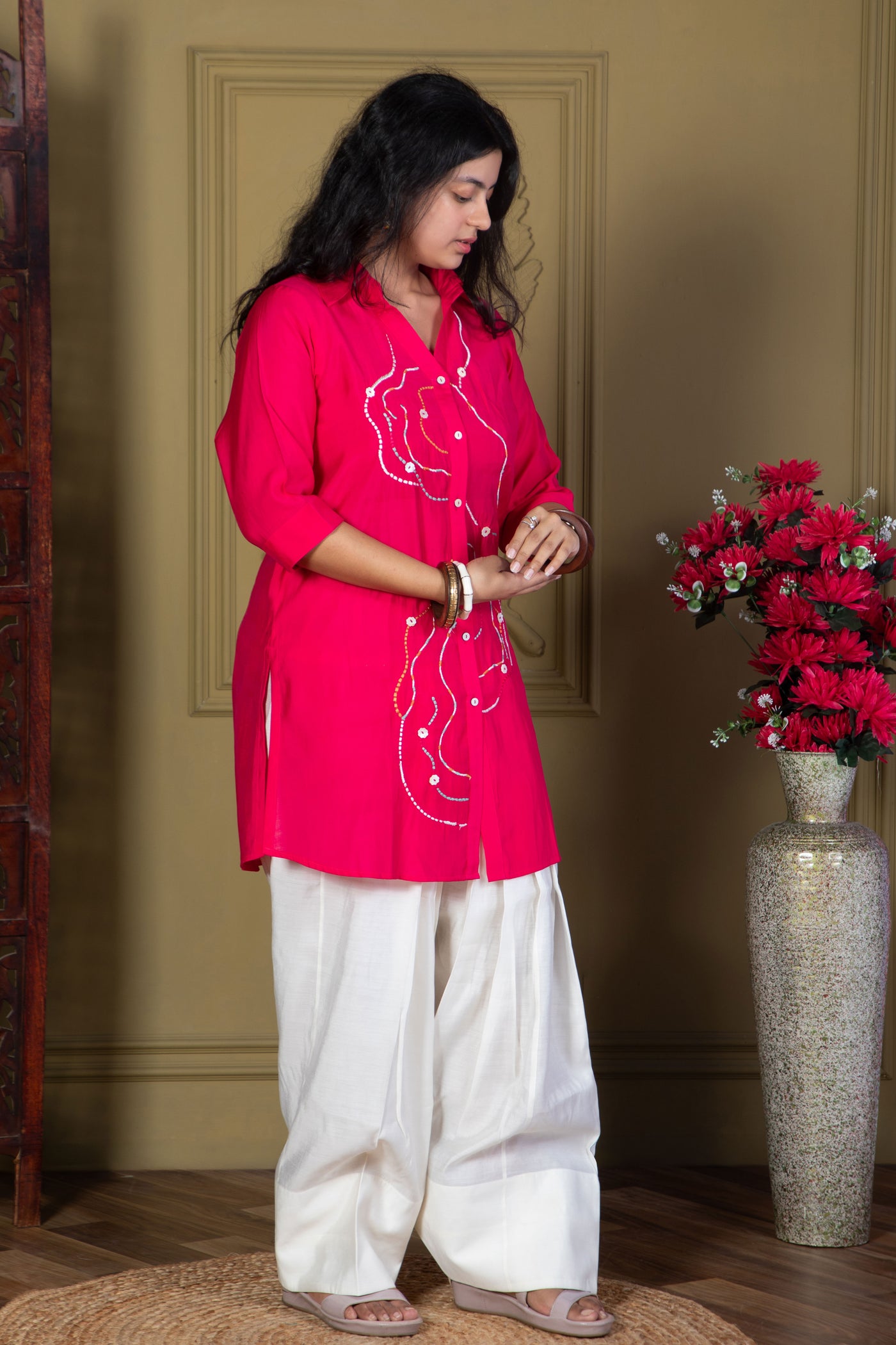 Fuchsia Embroidered Shirt with Farshi Salwar