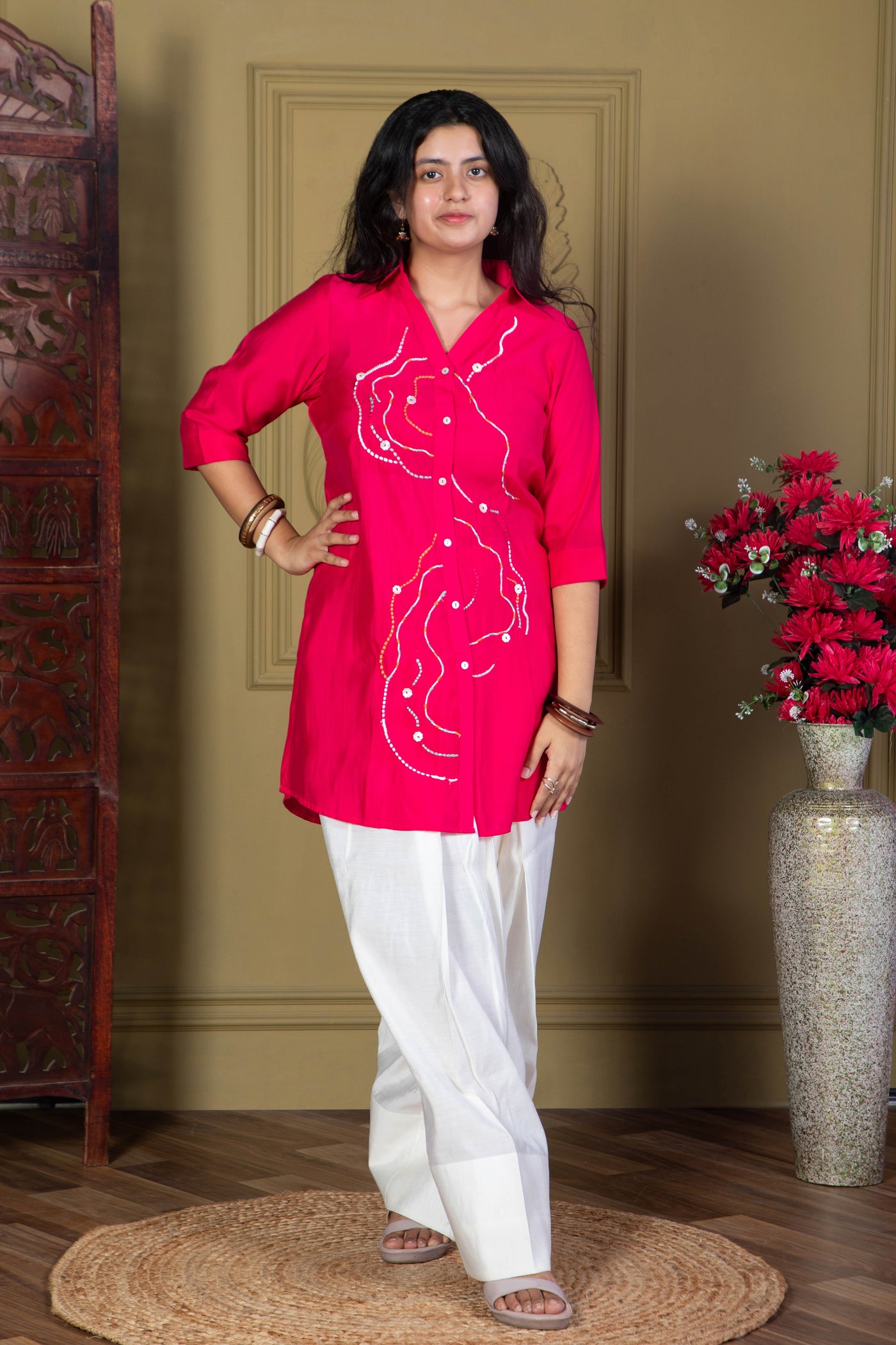 Fuchsia Embroidered Shirt with Farshi Salwar