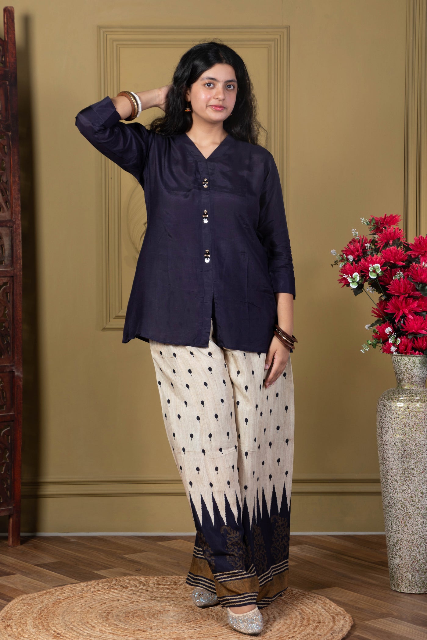 Navy Blue Kurta & Printed Palazzo Set