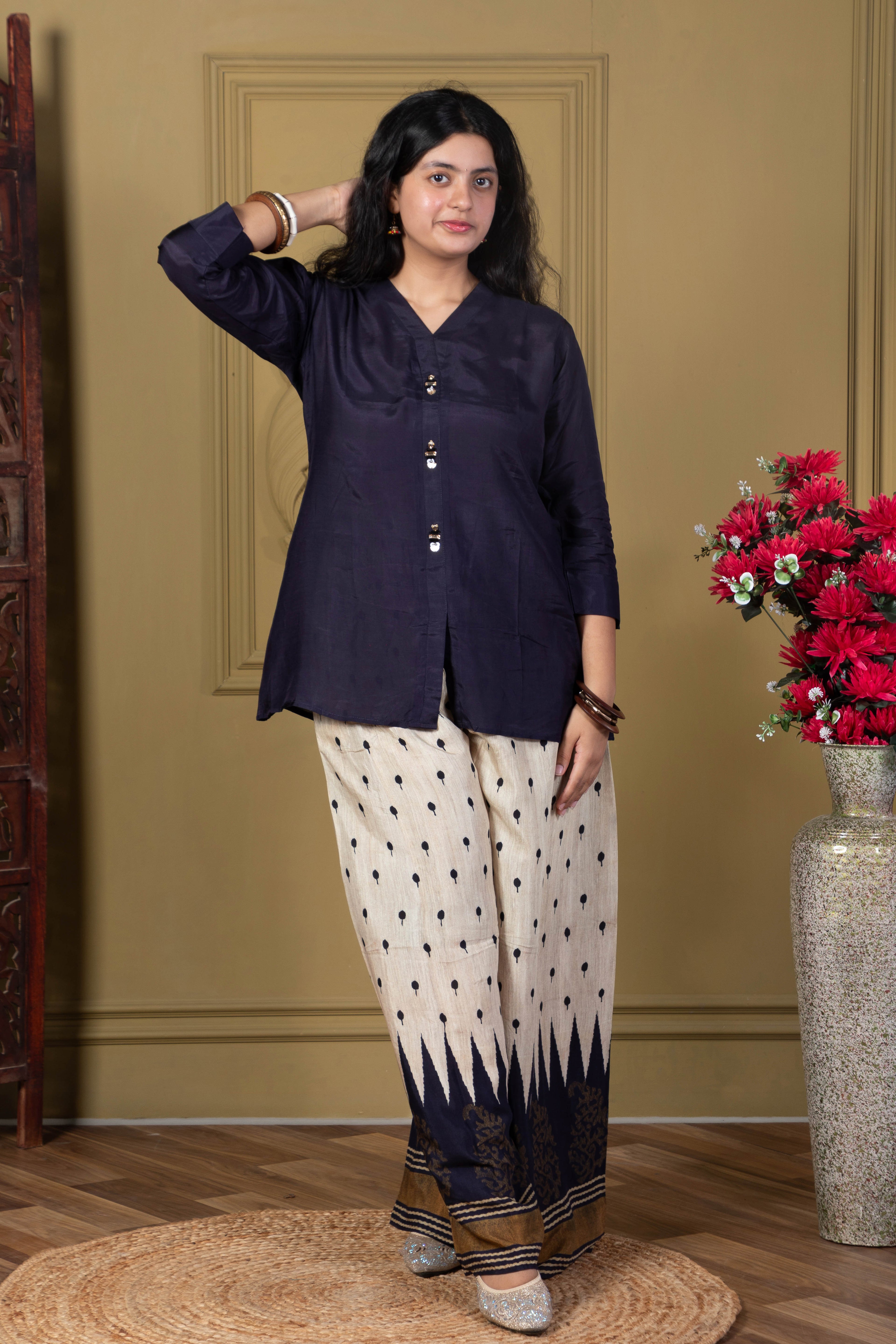 Navy Blue Kurta & Printed Palazzo Set