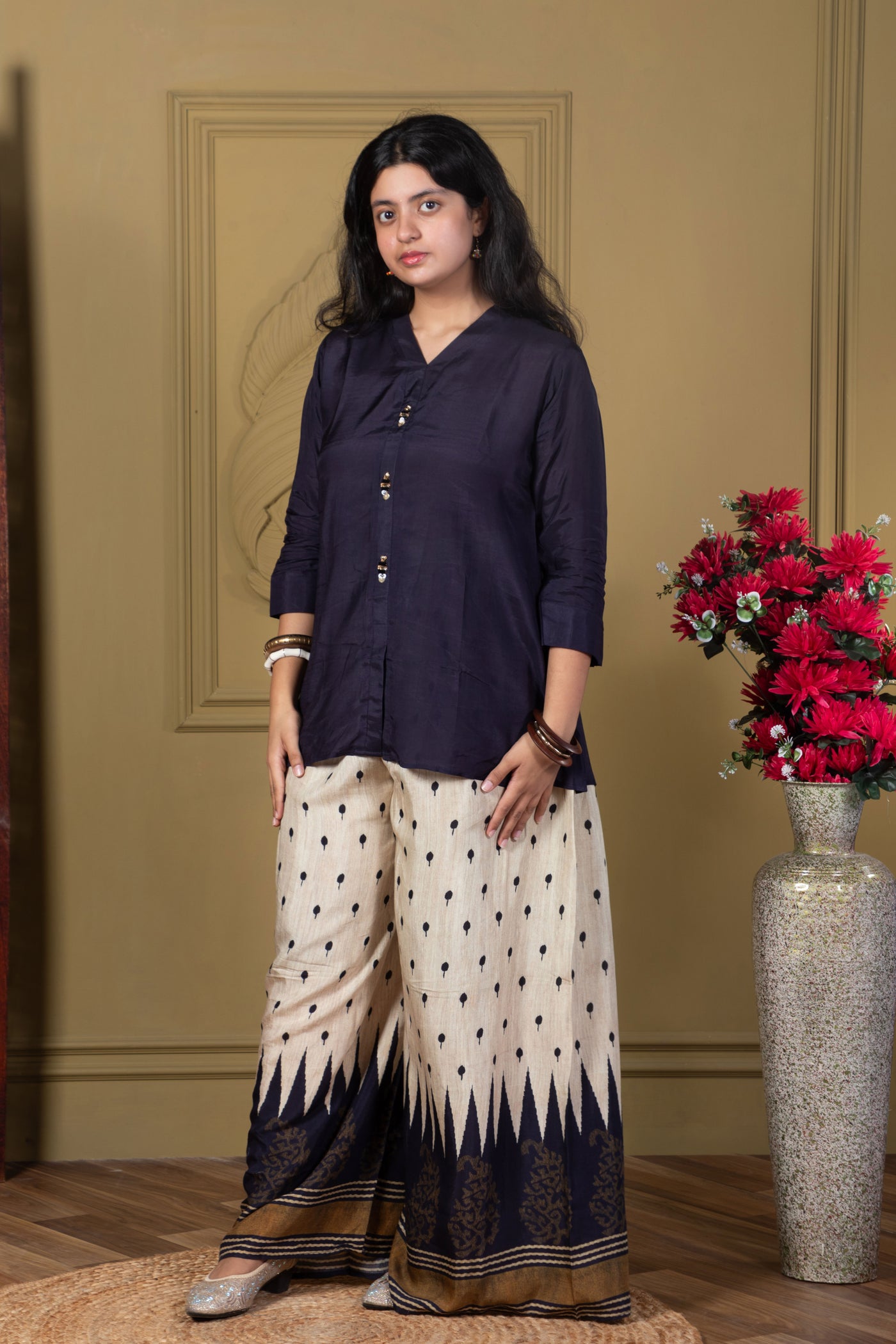 Navy Blue Kurta & Printed Palazzo Set