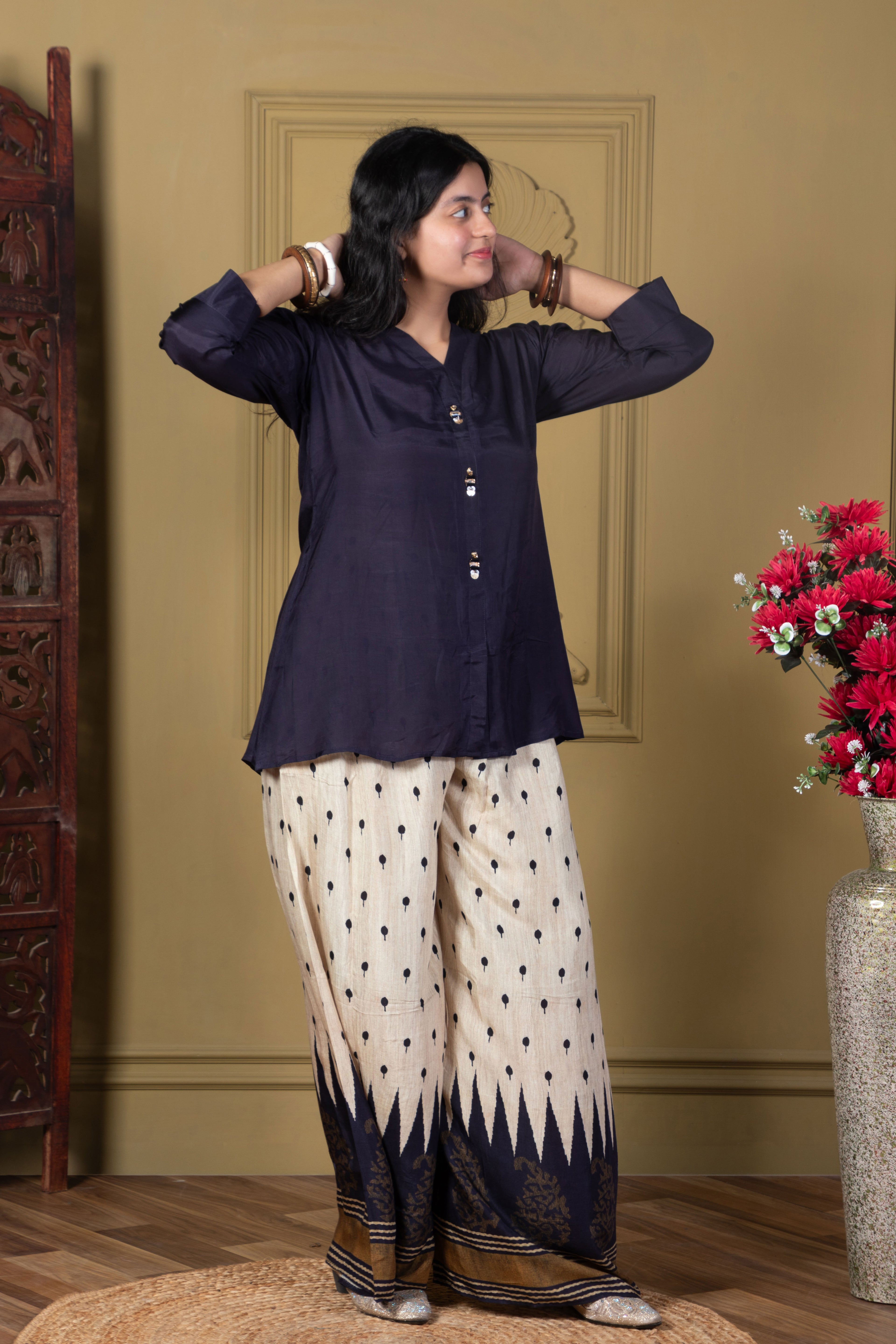 Navy Blue Kurta & Printed Palazzo Set