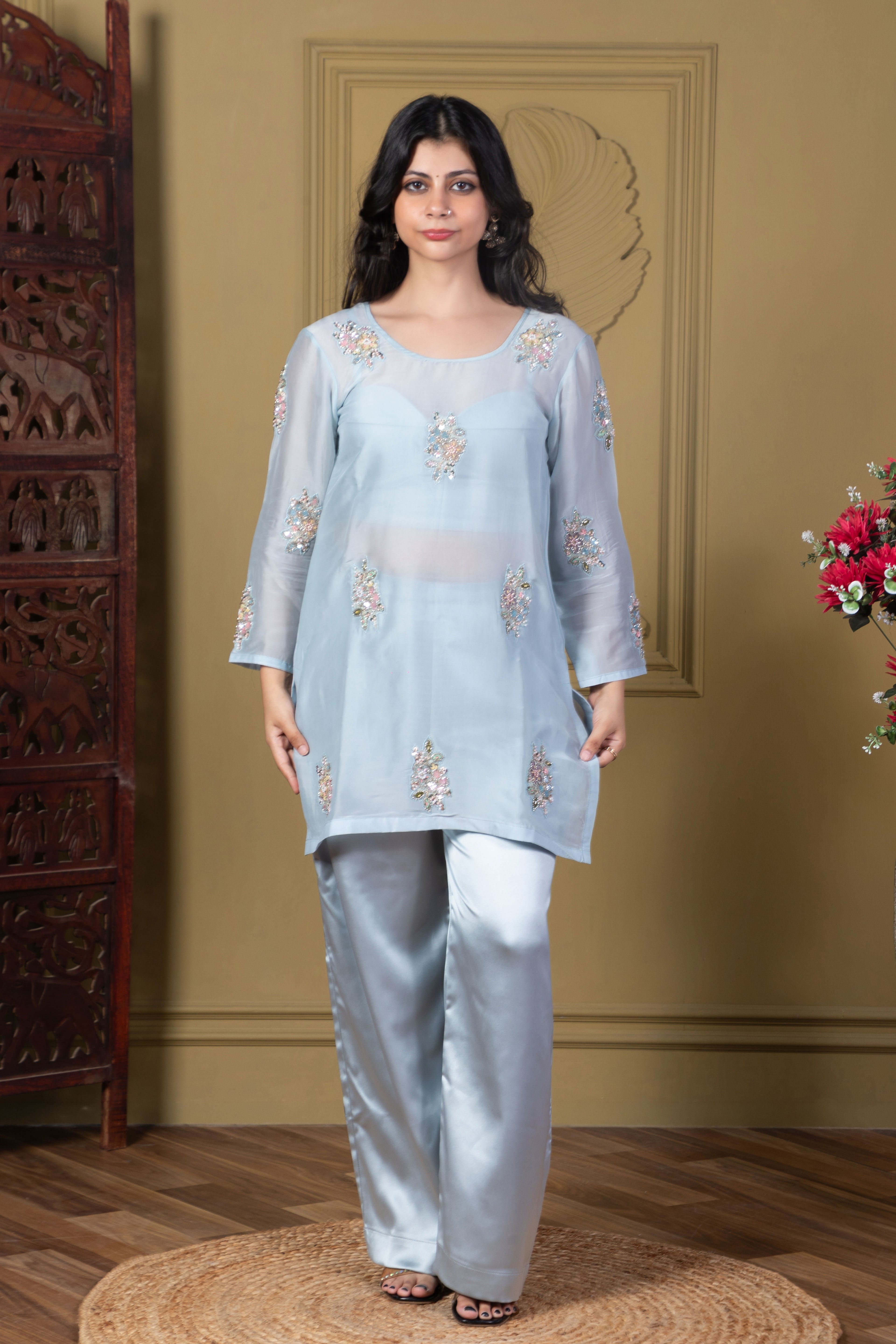 Powder Blue Embellished Kurta Set