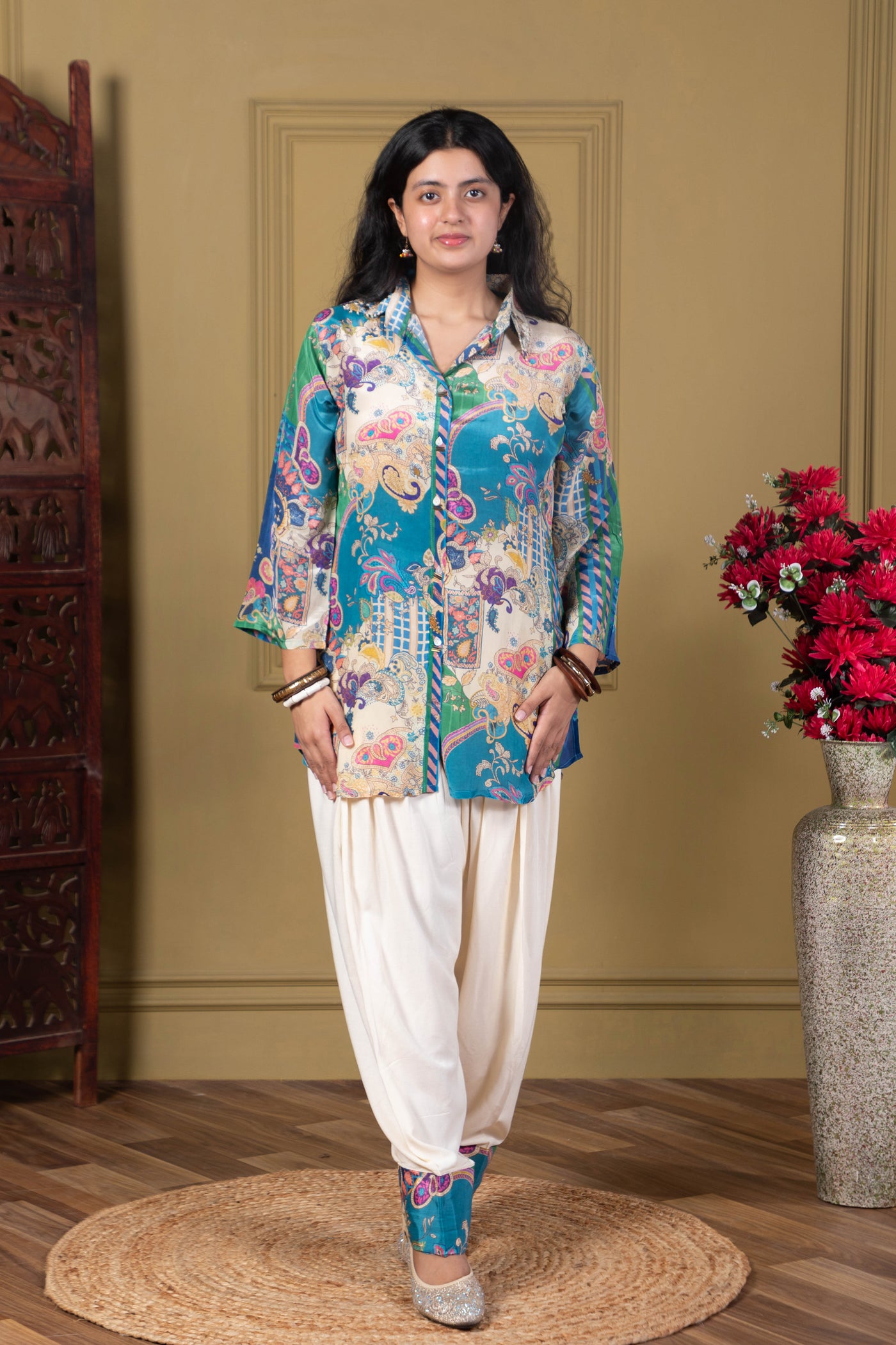 Teal Printed Fusion Kurta Set