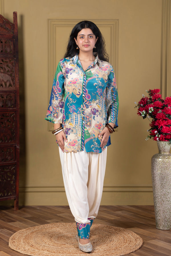Teal Printed Fusion Kurta Set
