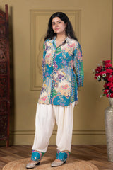 Teal Printed Fusion Kurta Set