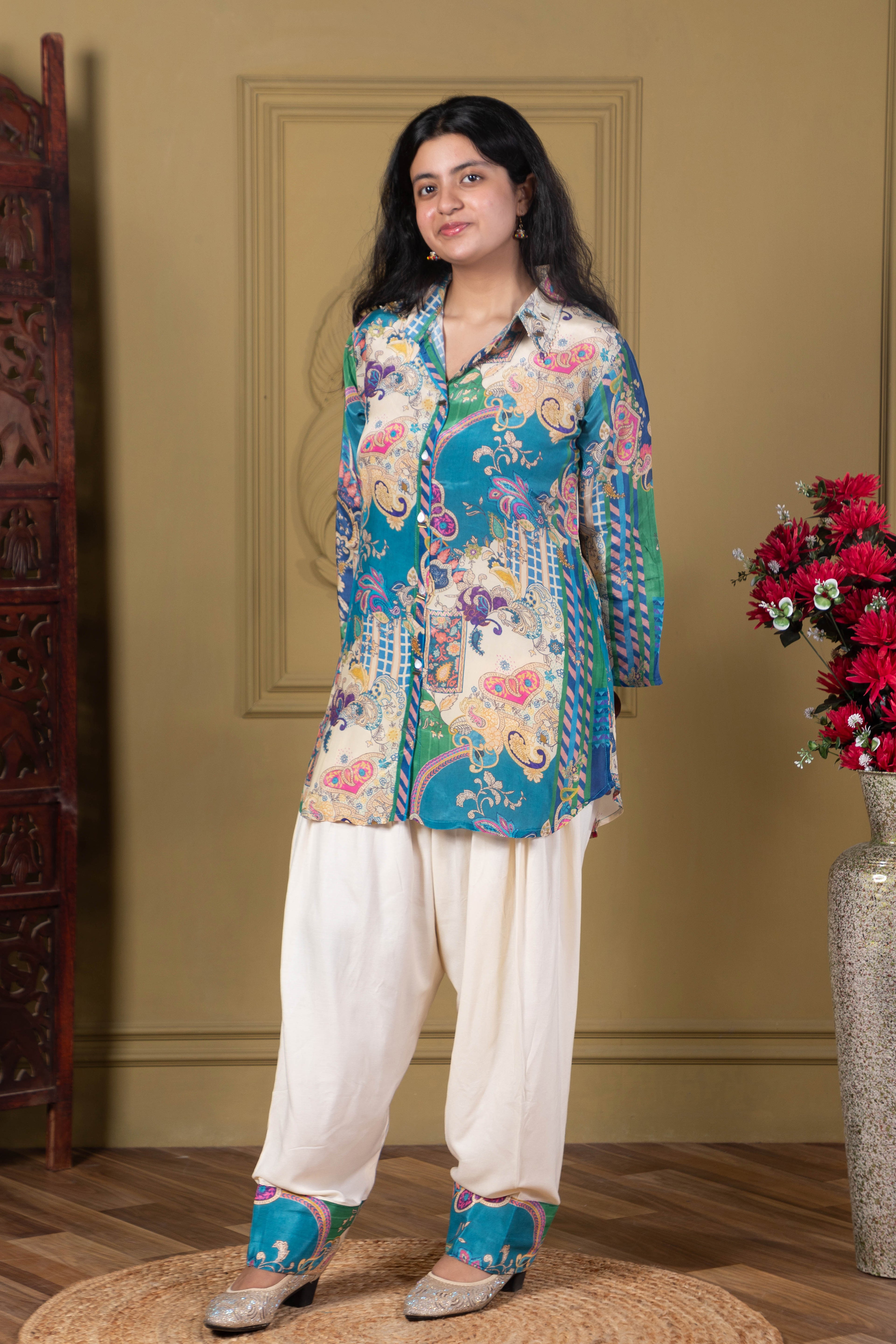 Teal Printed Fusion Kurta Set