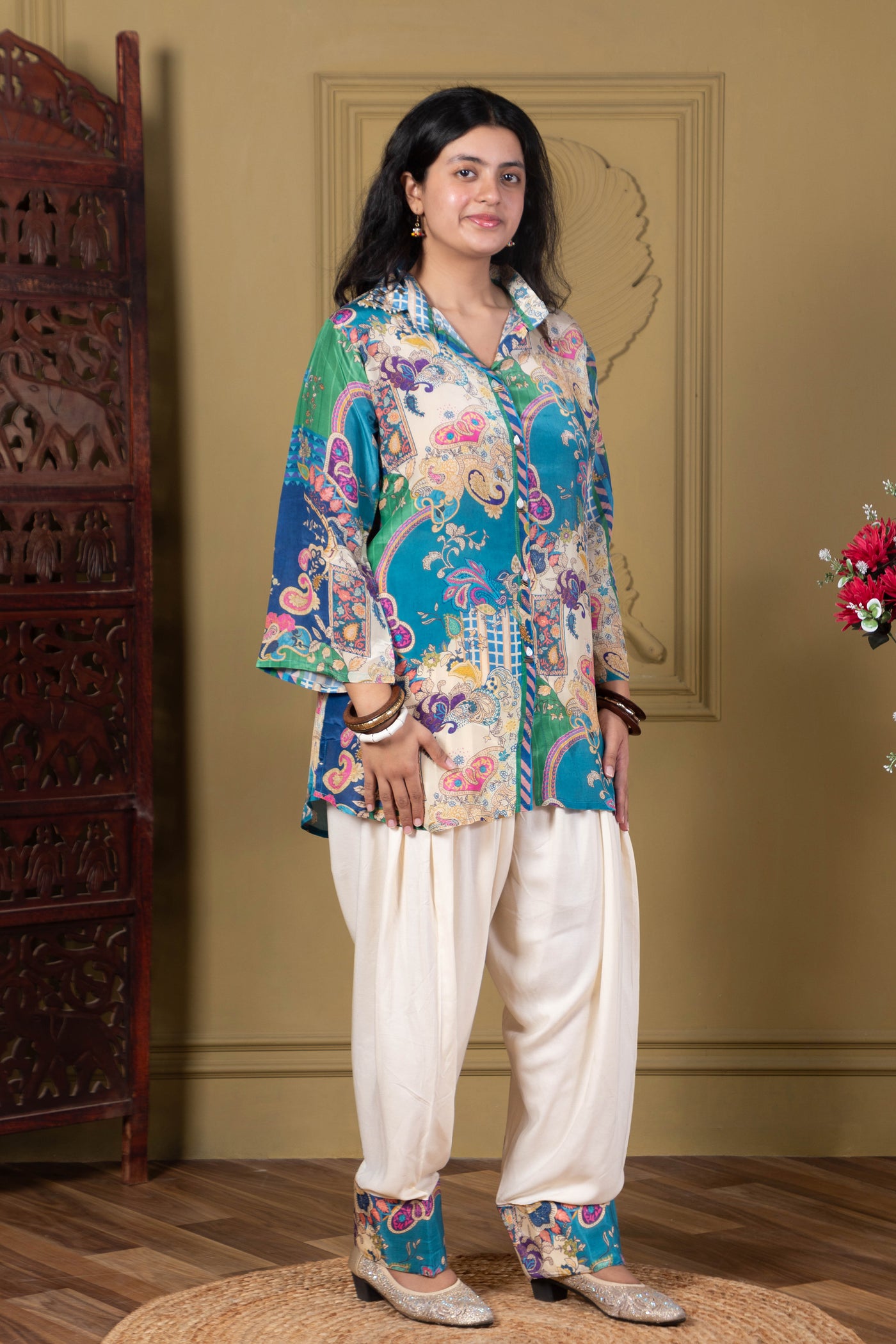 Teal Printed Fusion Kurta Set