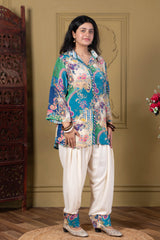 Teal Printed Fusion Kurta Set