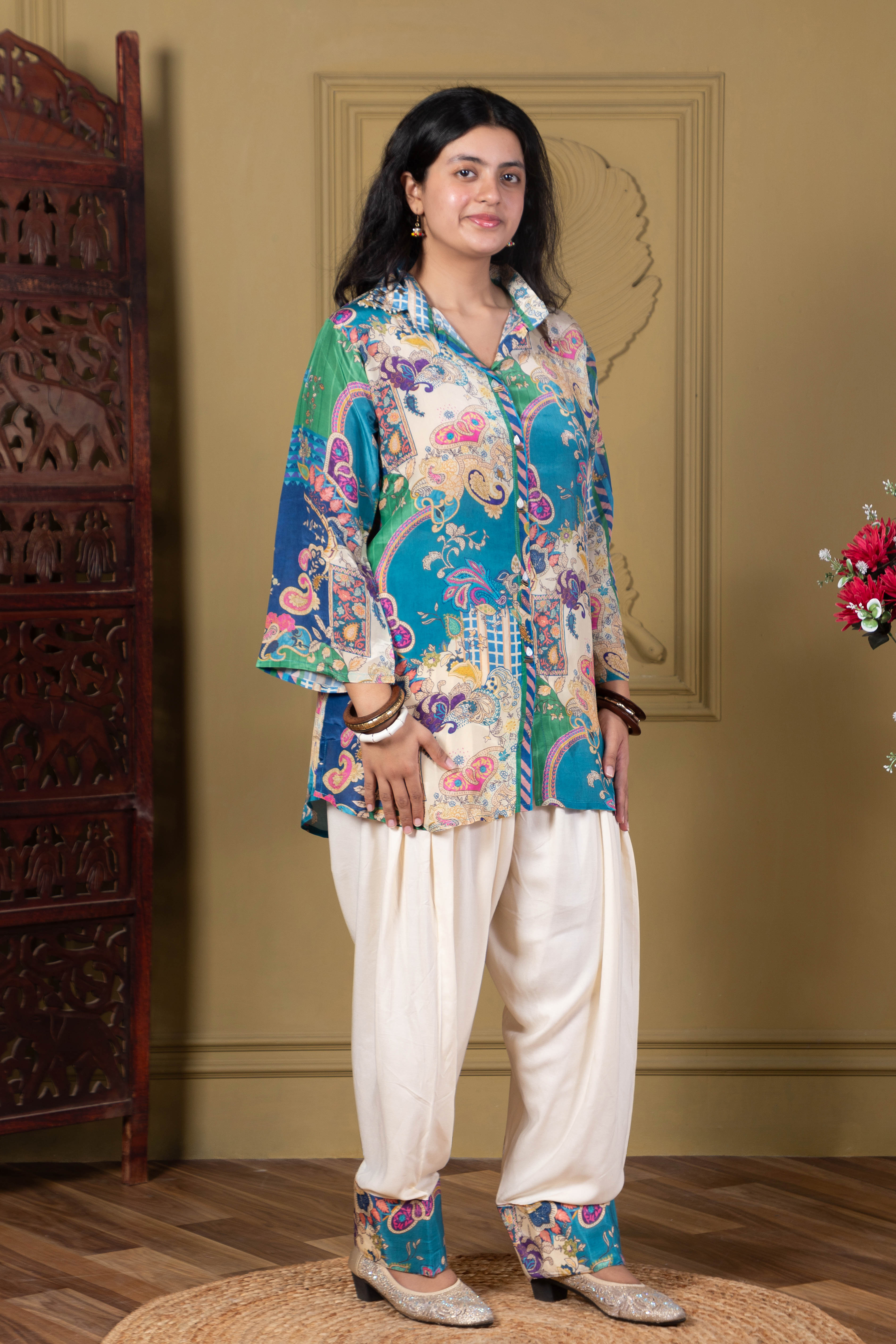 Teal Printed Fusion Kurta Set