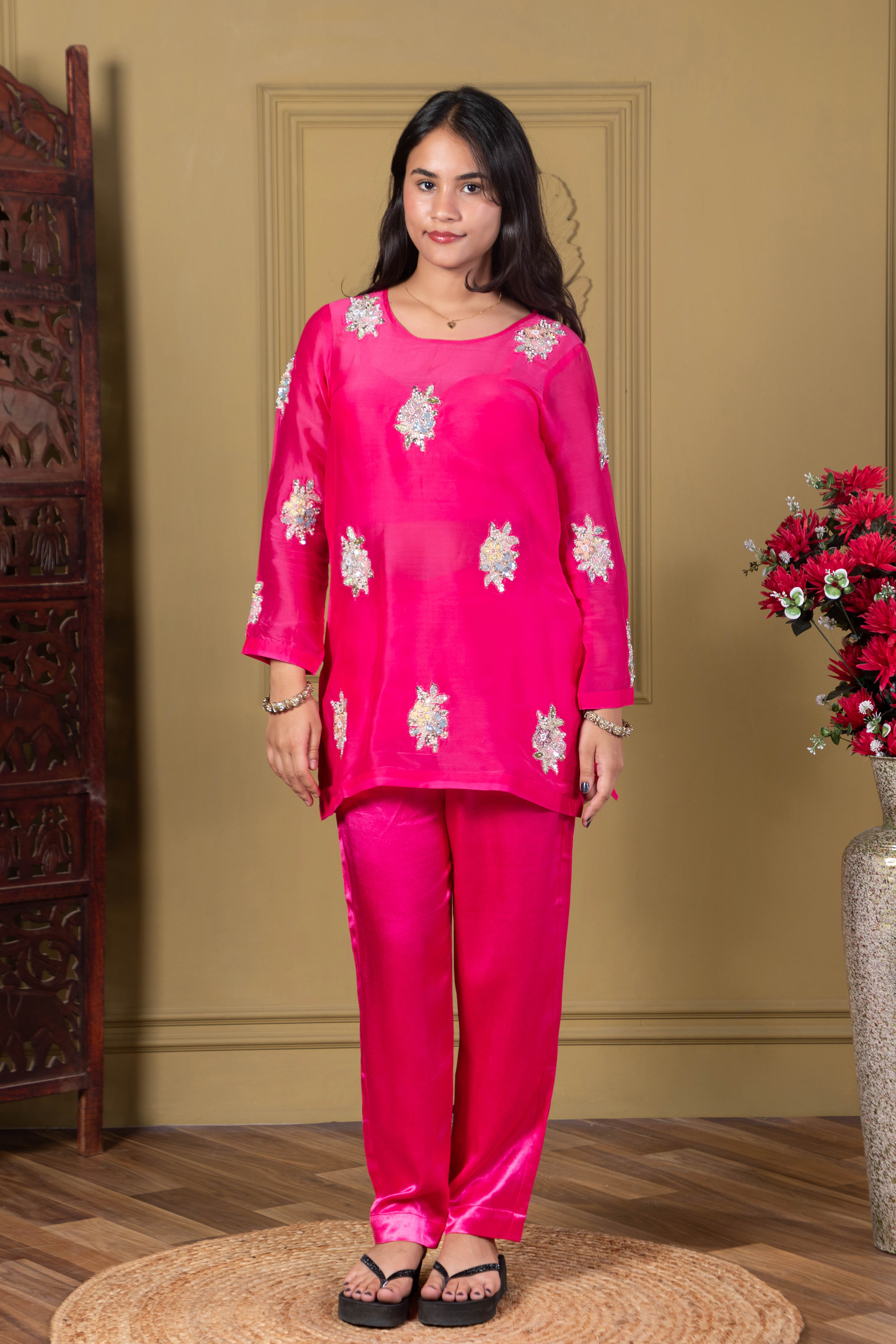 Fuchsia Pink Embroidered 3 piece Kurta Set