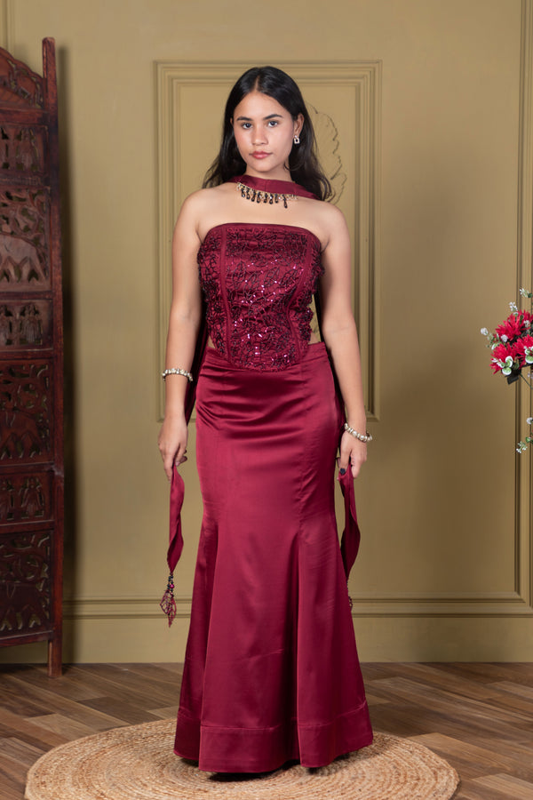 Burgundy Corset with Draping flared Skirt