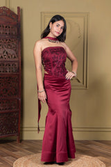 Burgundy Corset with Draping flared Skirt