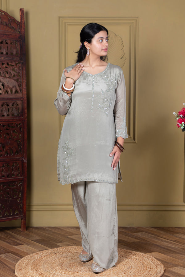 Sage Grey Green Embroidered Kurta Set