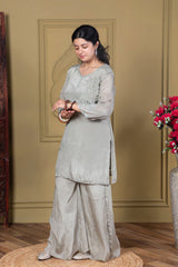 Sage Grey Green Embroidered Kurta Set